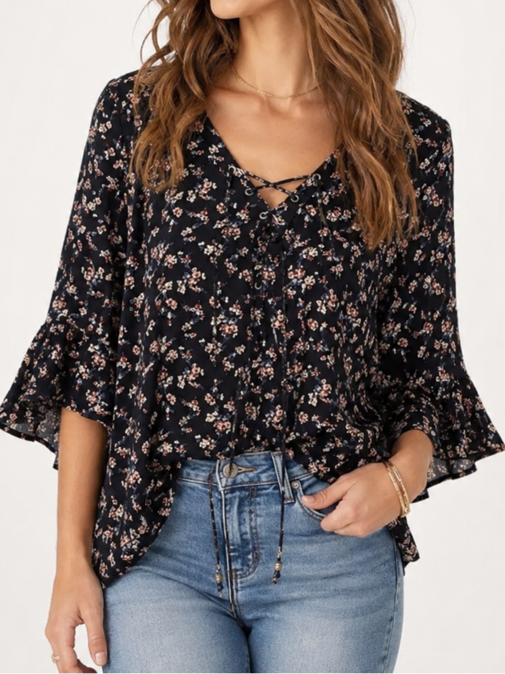 American Eagle Floral Lace-Up Peasant Blouse | Boho Top Size S